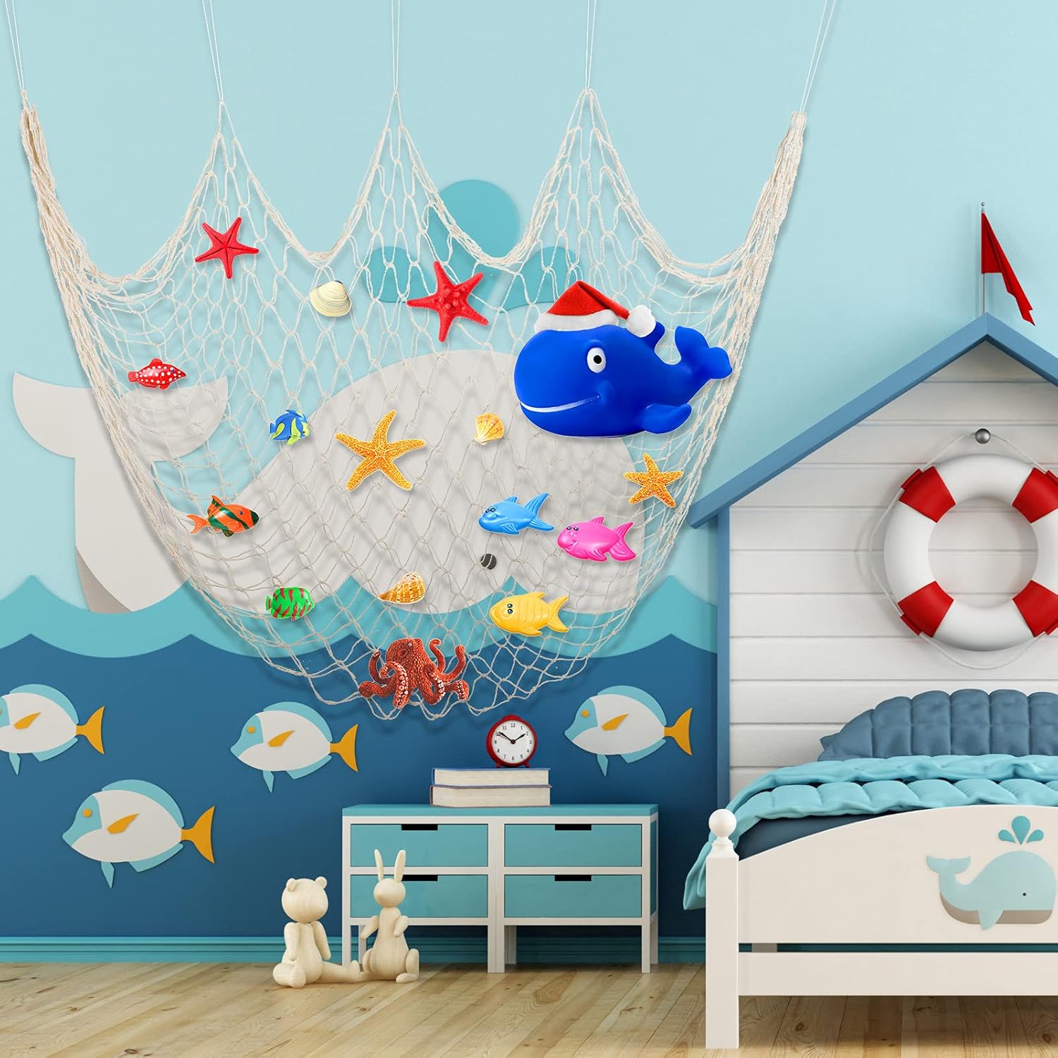 2 Pcs Fish Net Decorative 80 x 40 Inch, Wall Hanging Fishnet for Mermaid, Pirate, Nautical, Under The Sea Party Decorations, Ocean Nursery Themed Hawaii Beach Birthday Party Supplies(Beige) - Image 3