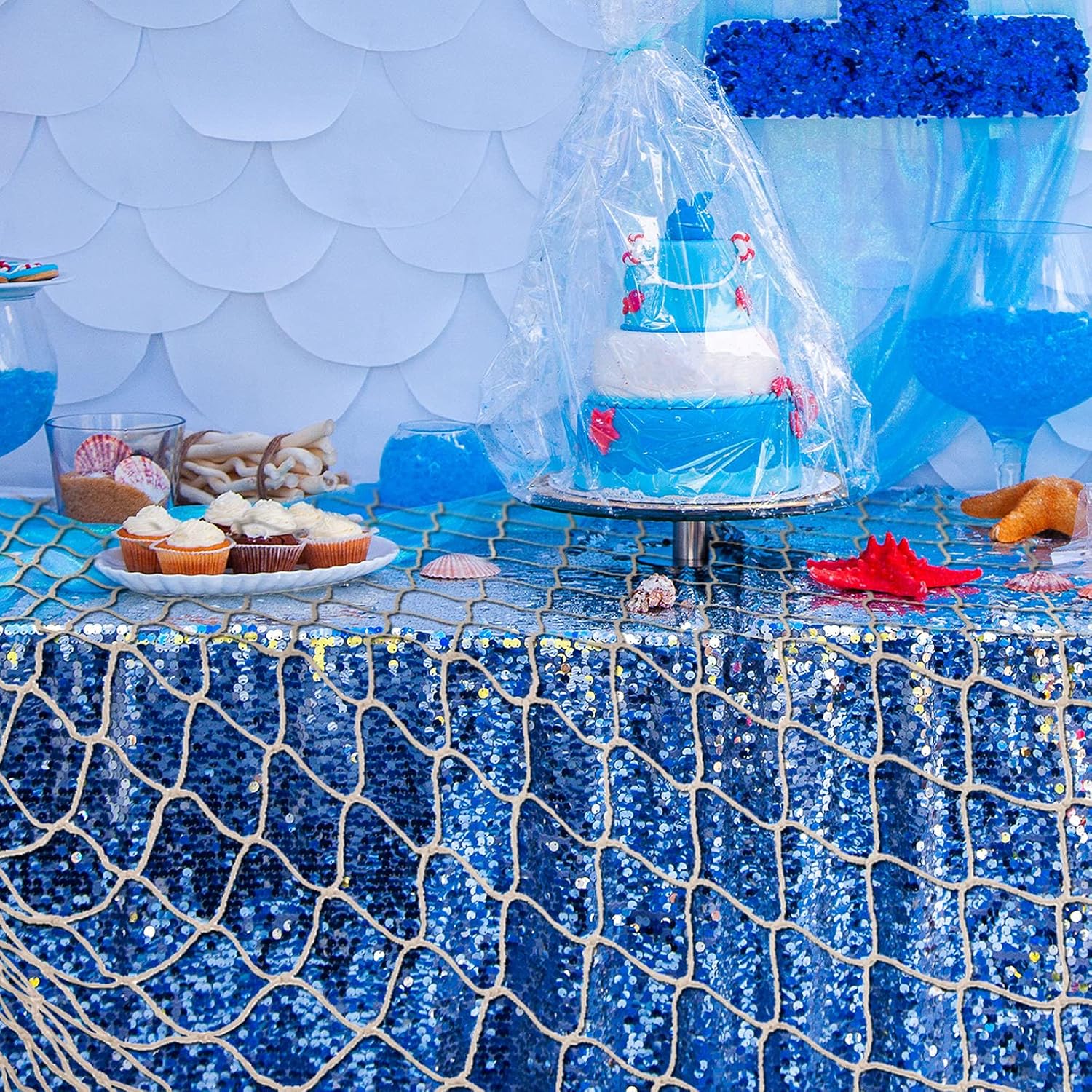 2 Pcs Fish Net Decorative 80 x 40 Inch, Wall Hanging Fishnet for Mermaid, Pirate, Nautical, Under The Sea Party Decorations, Ocean Nursery Themed Hawaii Beach Birthday Party Supplies(Beige) - Image 5