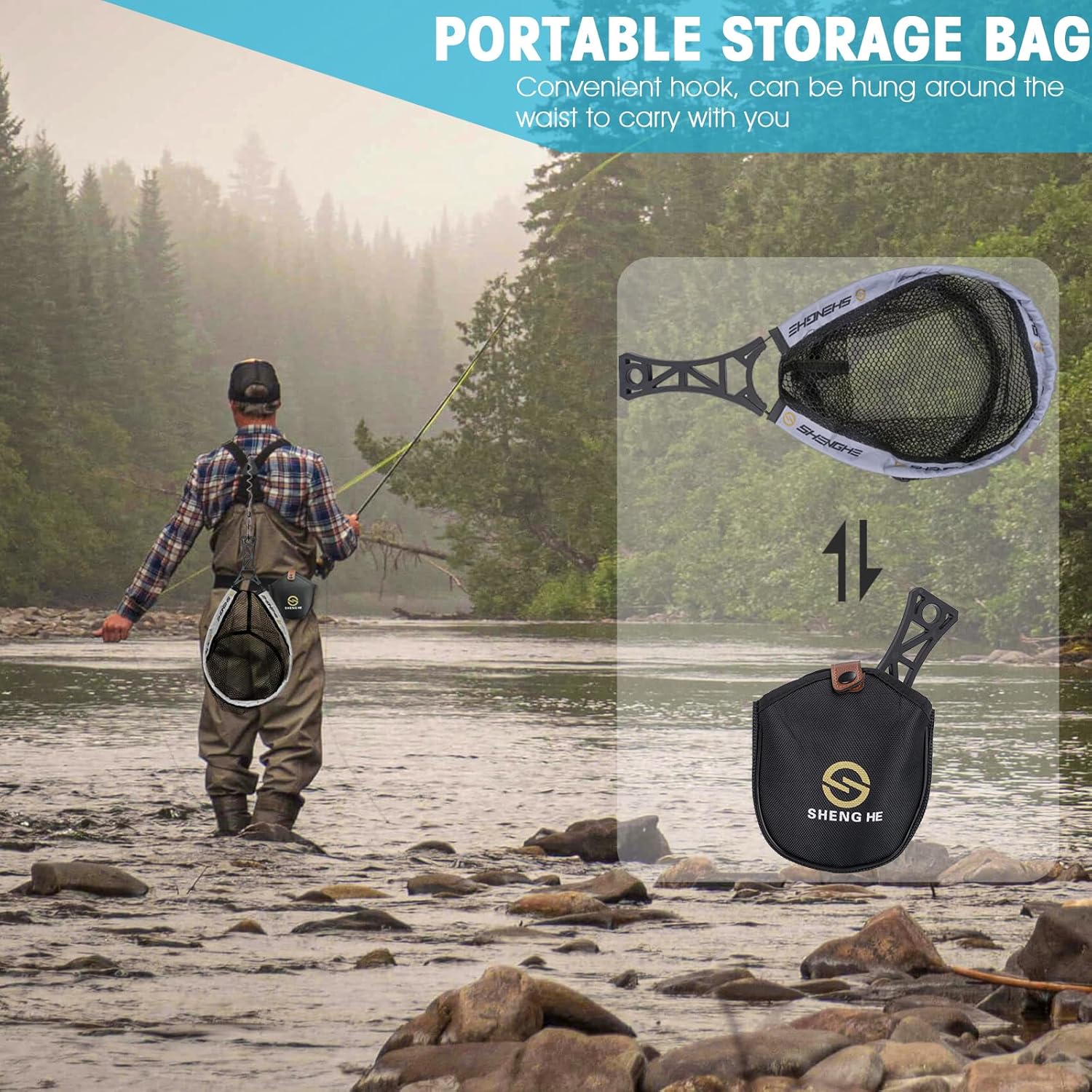 THKFISH Fly Fishing Landing Net, Foldable Landing Trout Net with ABS Handle,Rubber Coated Mesh Trout Net with Tackle Bag for Trout Bass Catch and Release, Portable Fly Fishing Gear,M/L - Image 6